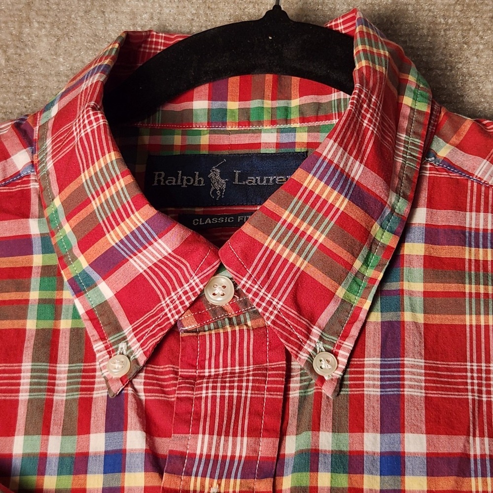 Ralph Lauren Plaid Shirt Mens Large Red Multi Classic Fit Short Sleeve Excellent - Picture 2 of 7
